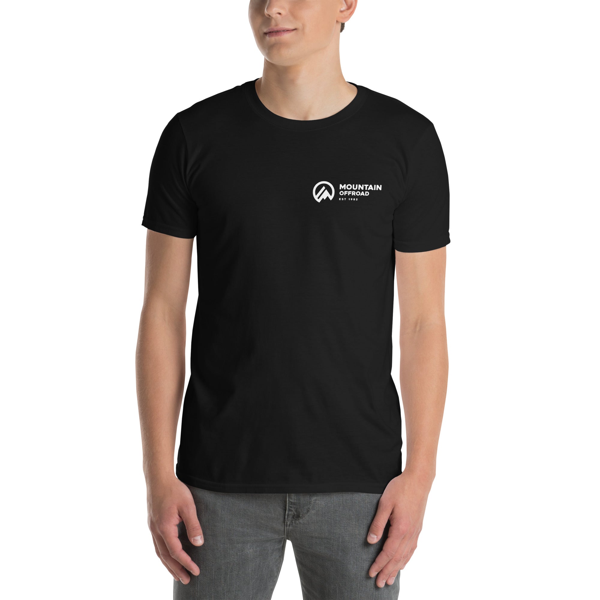 Man wearing black Mountain Offroad Jeep T-shirt with white chest logo, casual fit