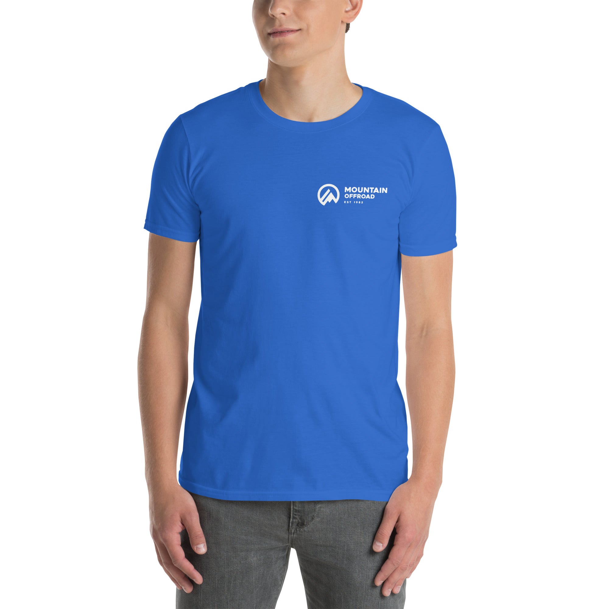 Blue t-shirt with Mountain Offroad Jeep racing logo on chest, casual outdoor wear