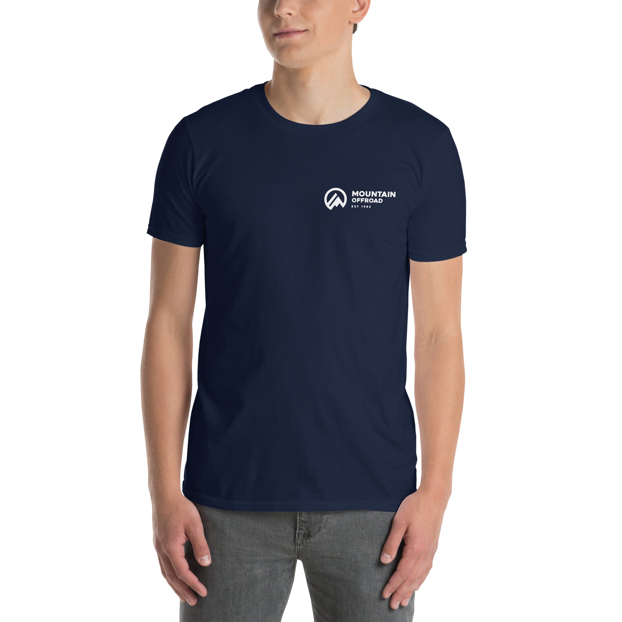 Navy blue t-shirt with Mountain Offroad logo, worn by a male model