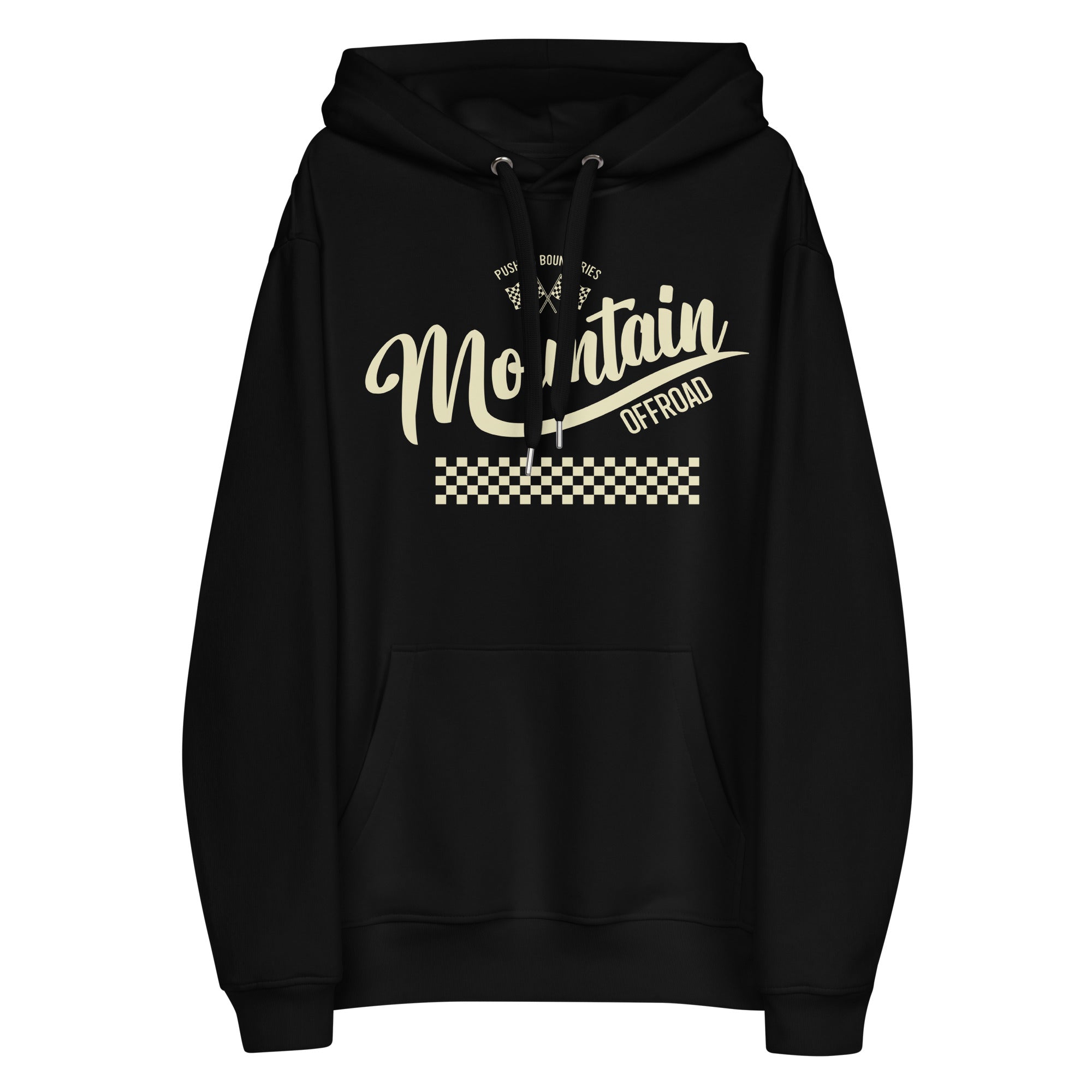 Black hoodie with 'Mountain Offroad' text and checkered stripe graphic, overlanding style