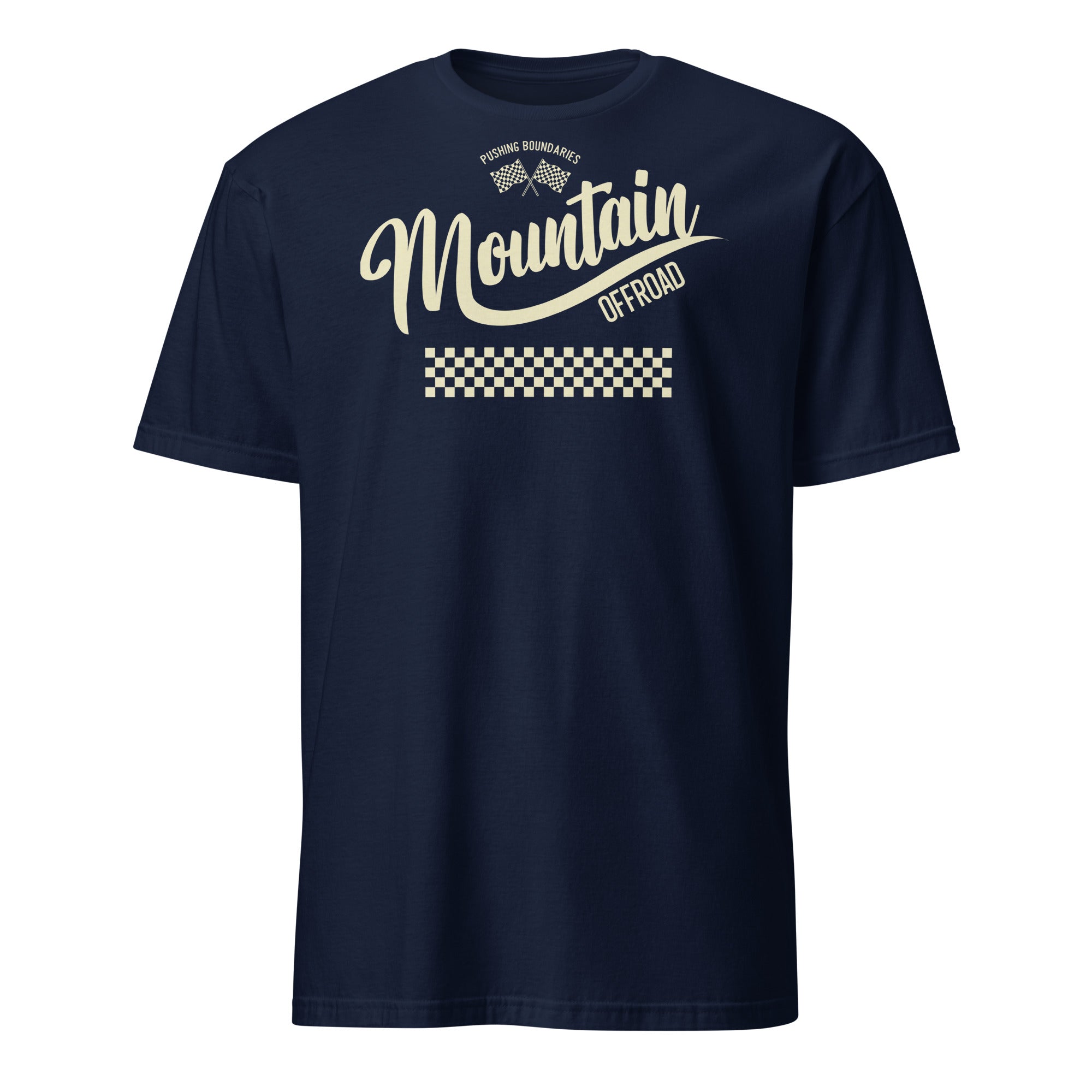 Navy blue t-shirt with cream 'Mountain Offroad' text, racing flags, and checkered stripes design.