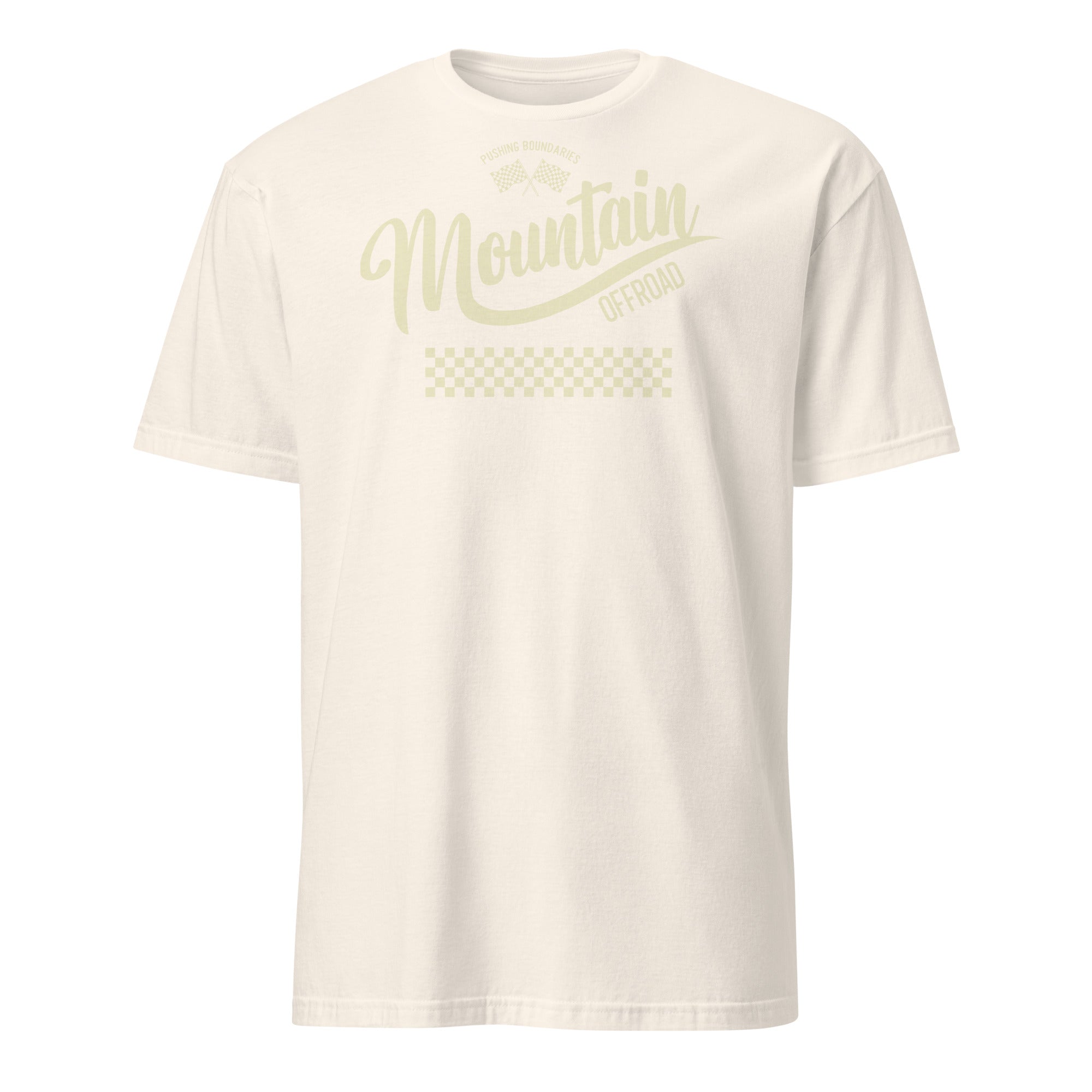 White t-shirt with 'Mountain Offroad' text, racing stripes, and checkered pattern graphic.