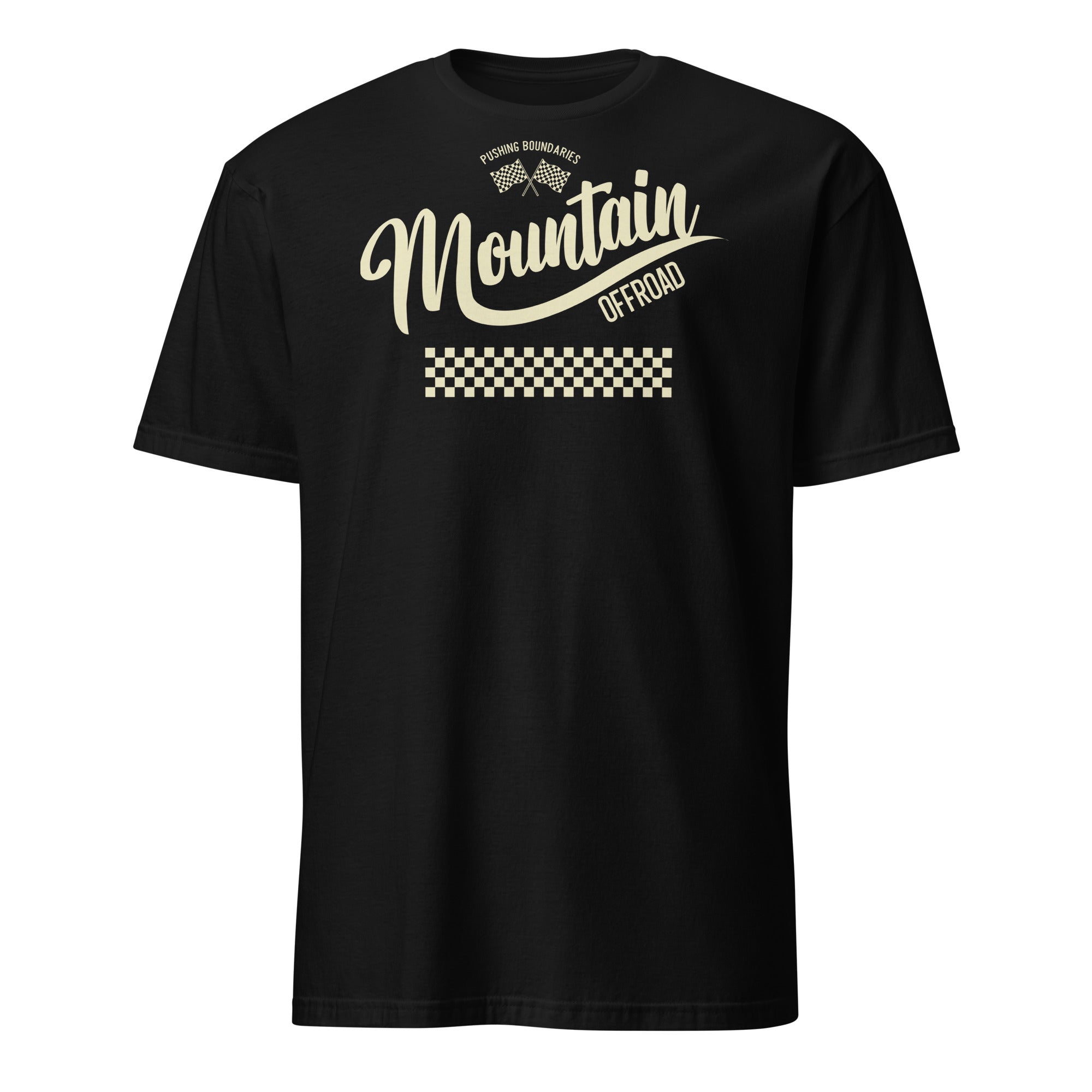 Black t-shirt with 'Mountain Offroad' text, checkered stripe, and racing flags graphic