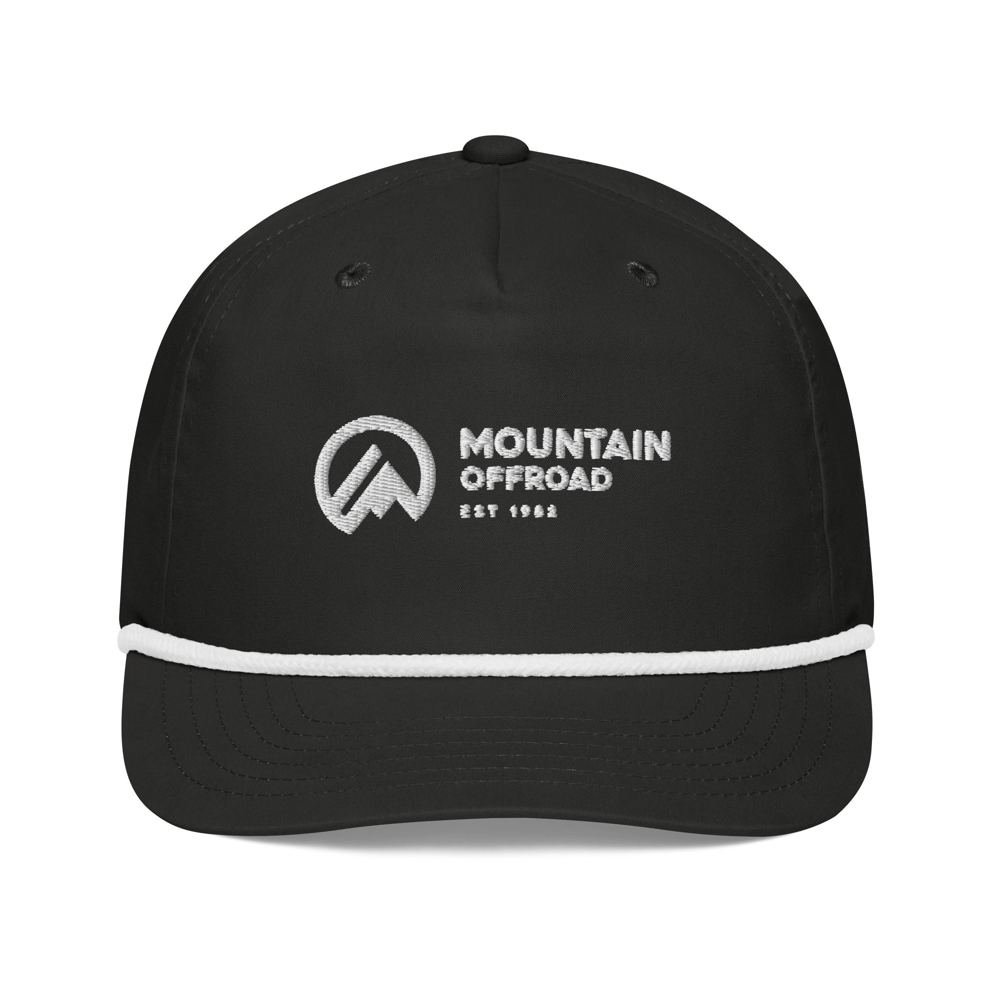Black mountain offroad rope hat with white embroidered logo and text, outdoor gear accessory