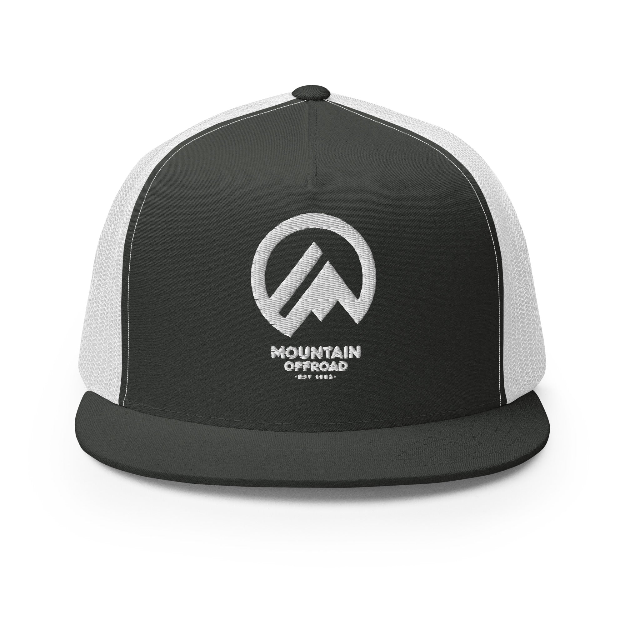 Mountain Offroad black snapback hat with white mesh and embroidered logo