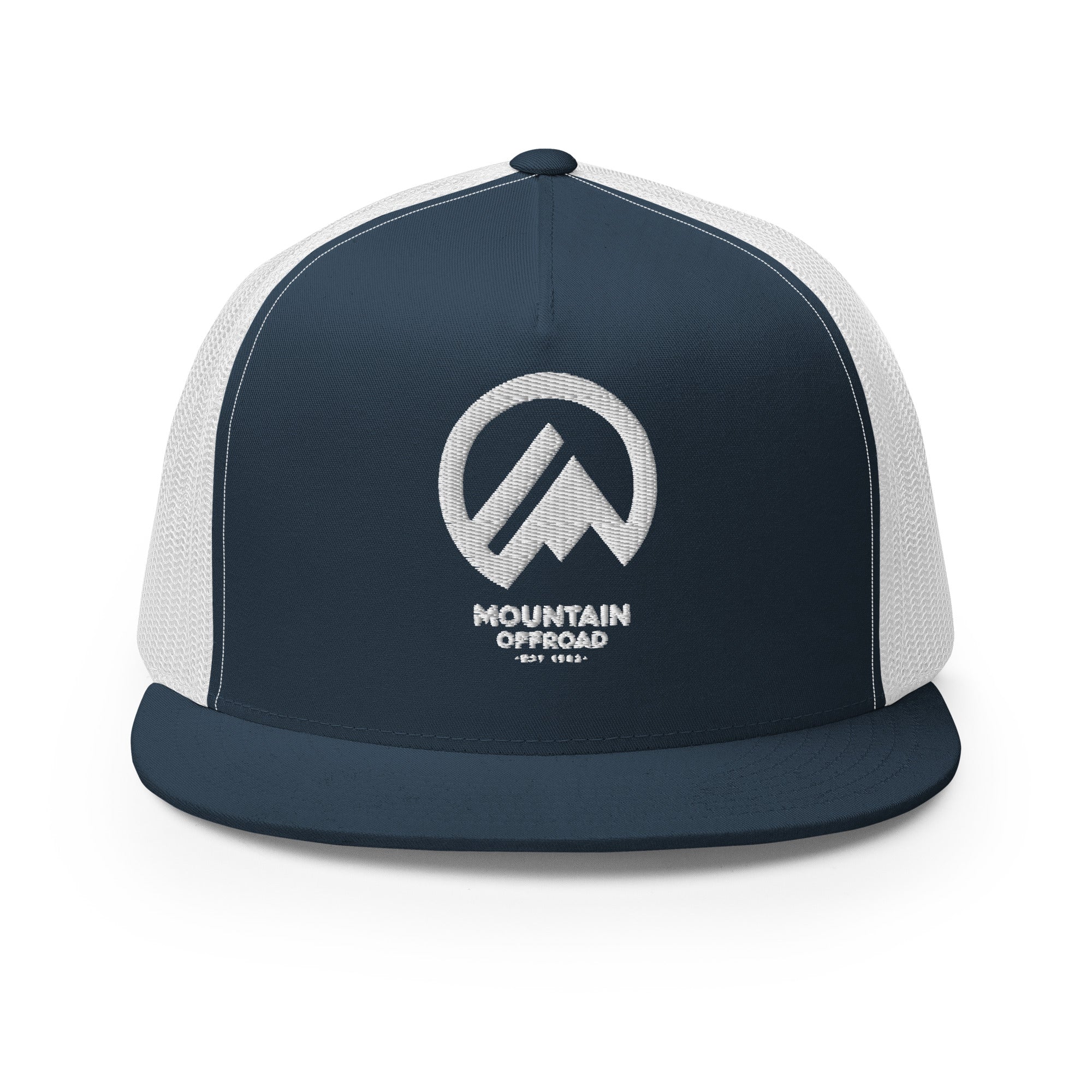 Navy and white snapback hat with Mountain Offroad logo, mesh back, outdoor adventure style