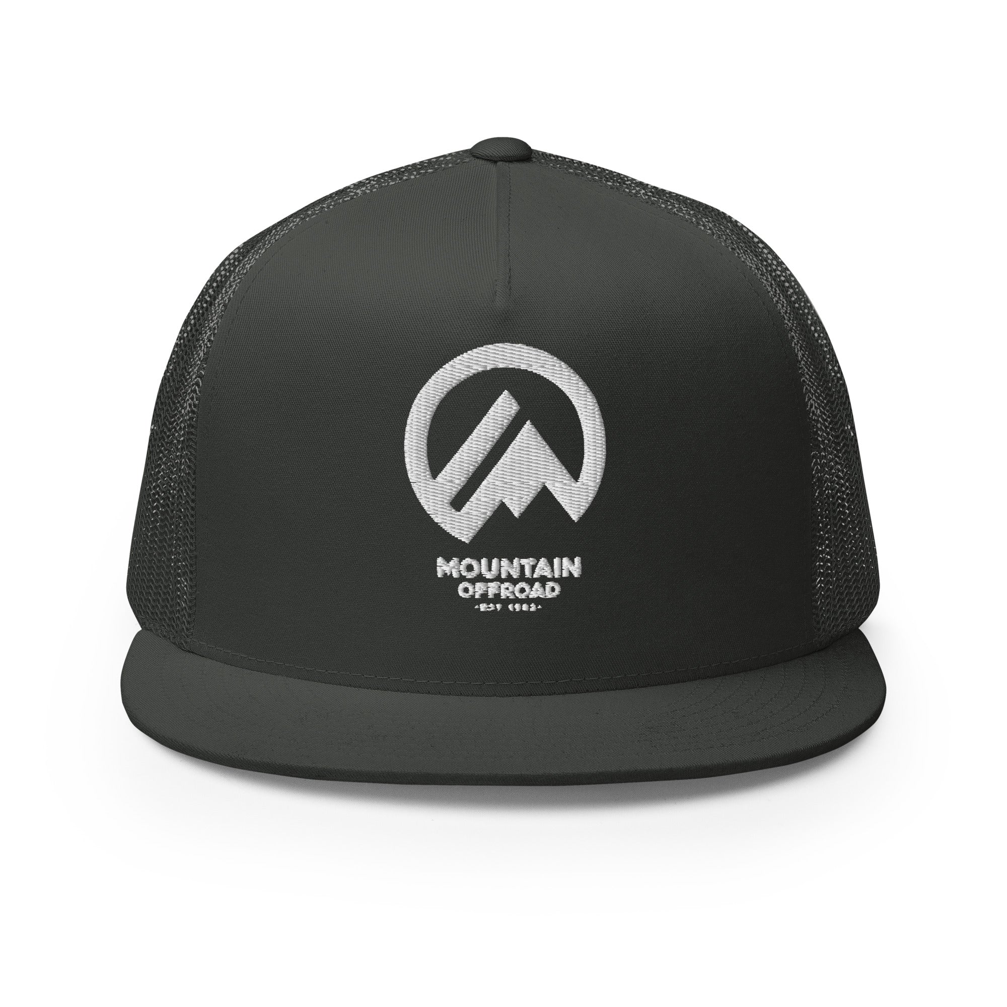 Black snapback hat with embroidered mountain offroad logo, mesh back, flat bill