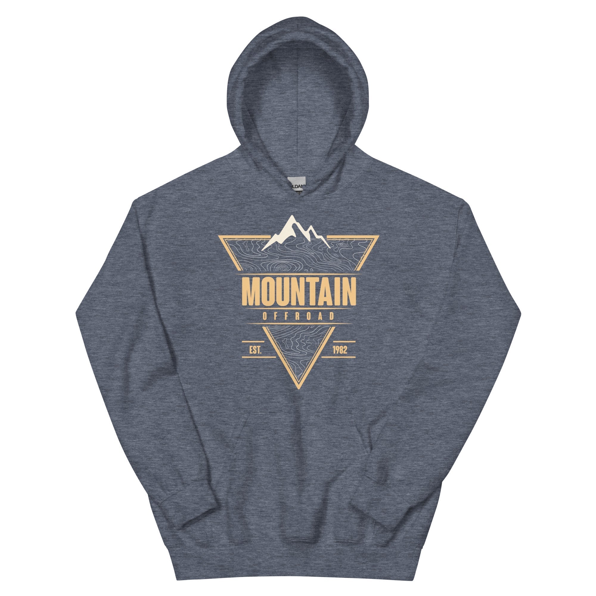 Heather blue hoodie with mountain offroad graphic and topographic map design