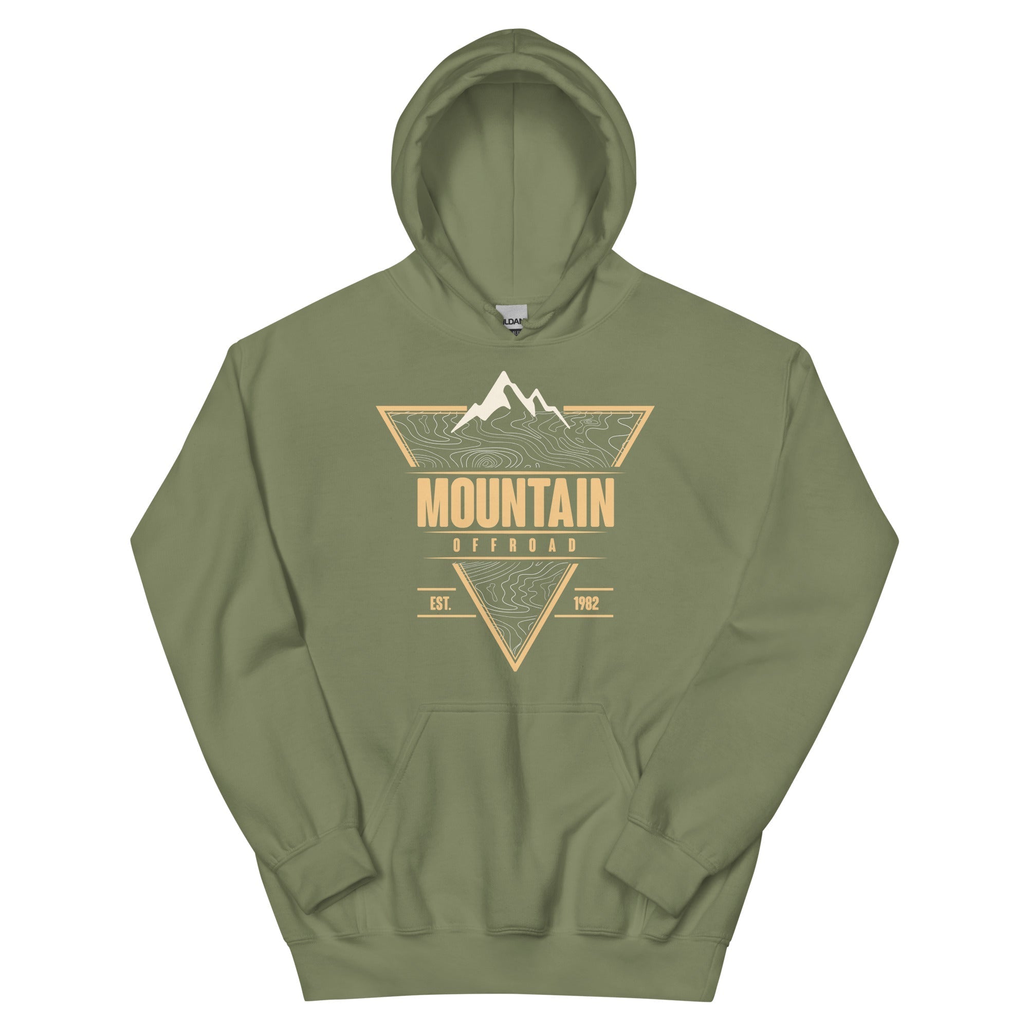 Olive green hoodie with mountain offroad graphic and topographic map design