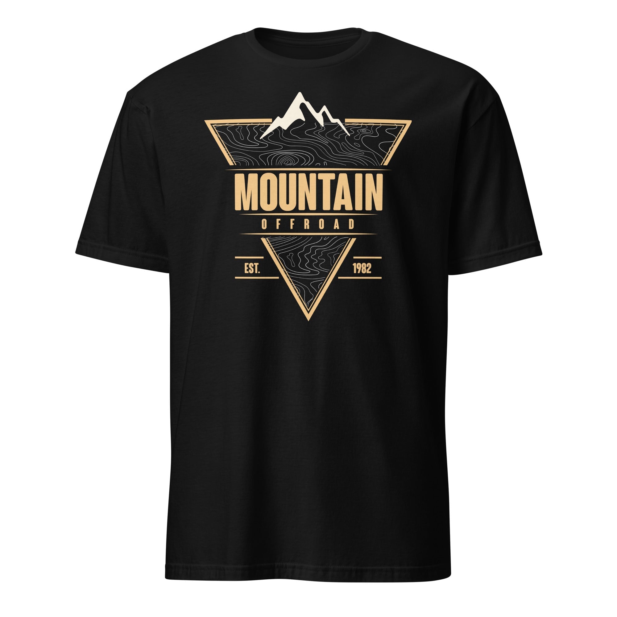 Black mountain offroad graphic t-shirt with beige triangle, topographic map, and mountain design