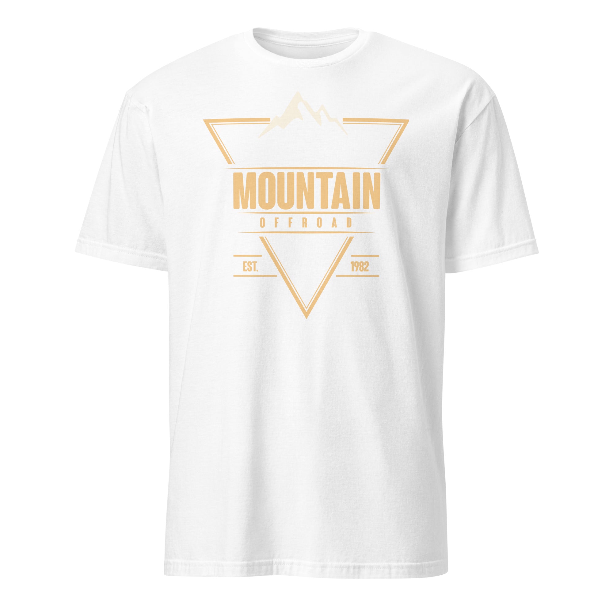 White t-shirt with tan mountain offroad adventure graphic and triangle design