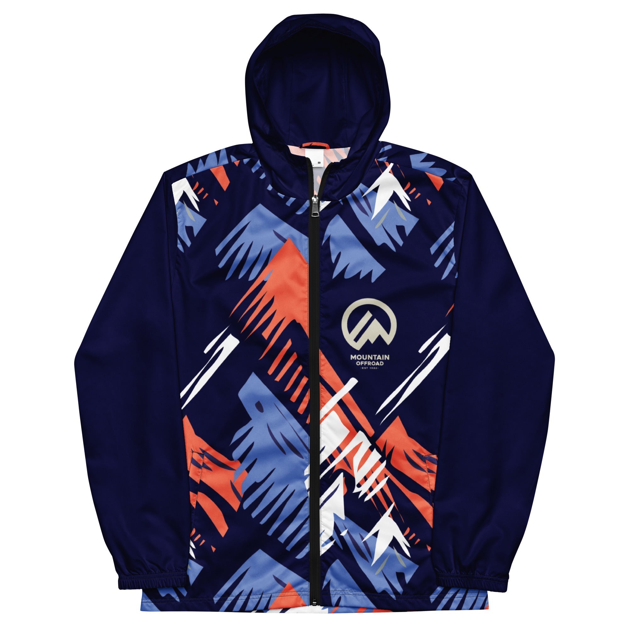 Men’s navy mountain windbreaker jacket with hood, abstract orange and blue graphic print, and Mountain Offroad logo.