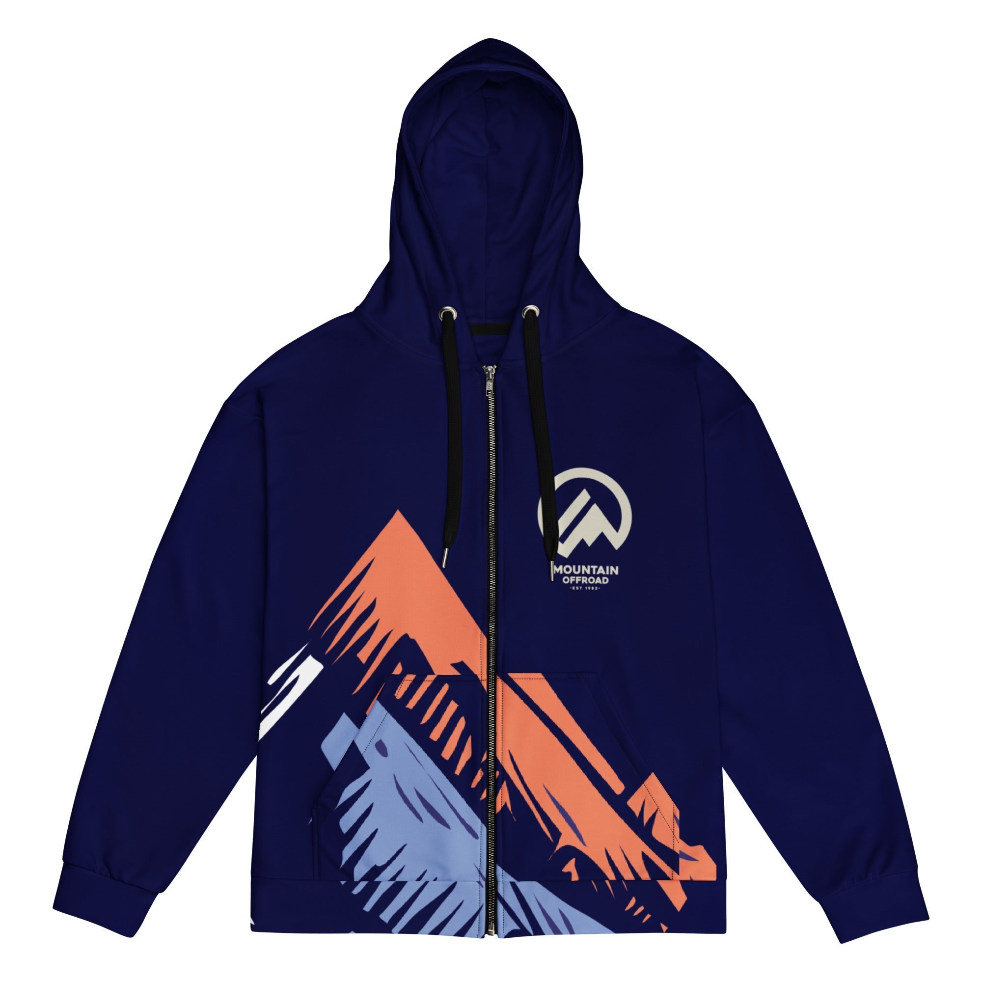 Navy blue mountain zip hoodie with orange and blue geometric mountain design, adventure gear