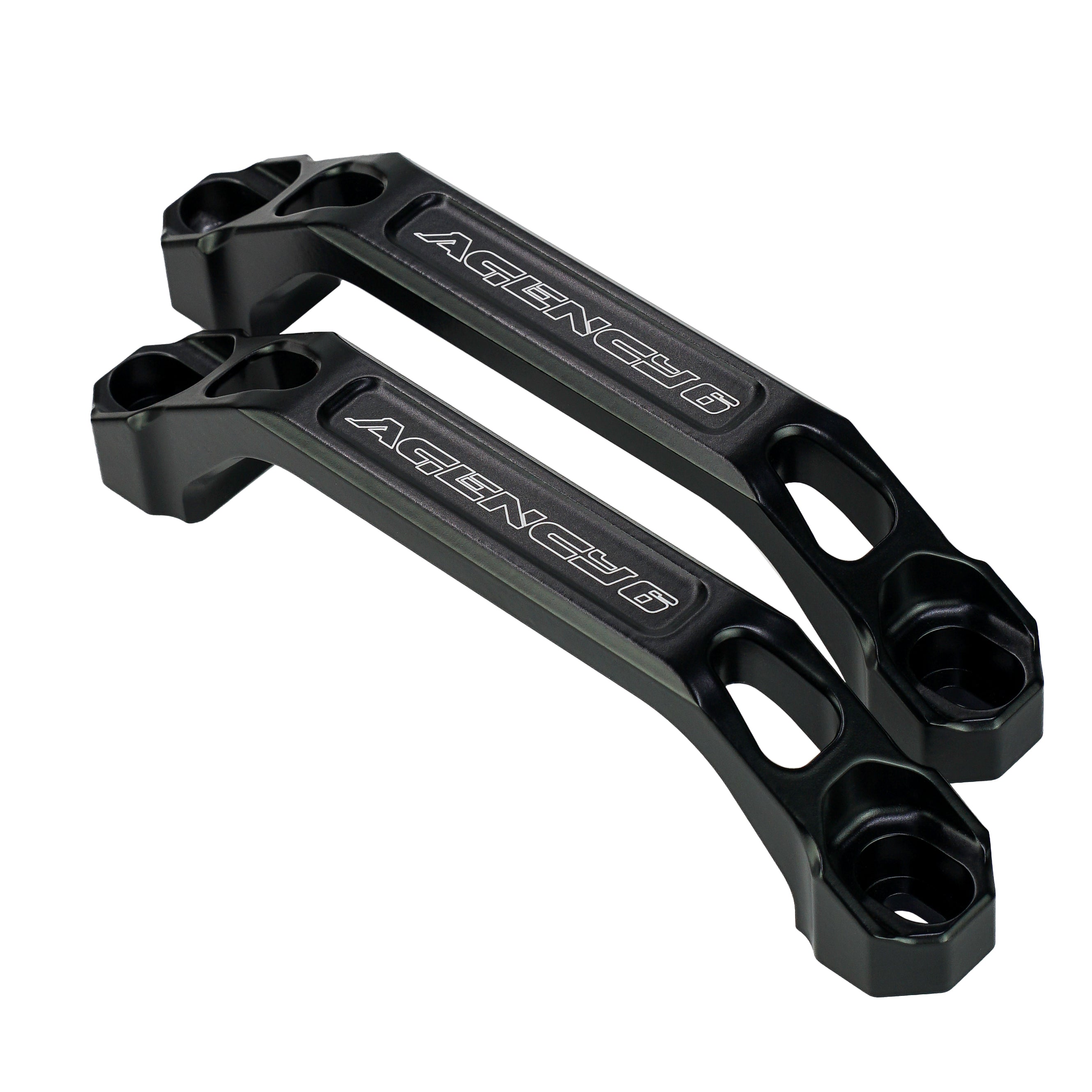 Pair of black billet aluminum grab handles for off-road vehicles, Agency 6 branding visible.
