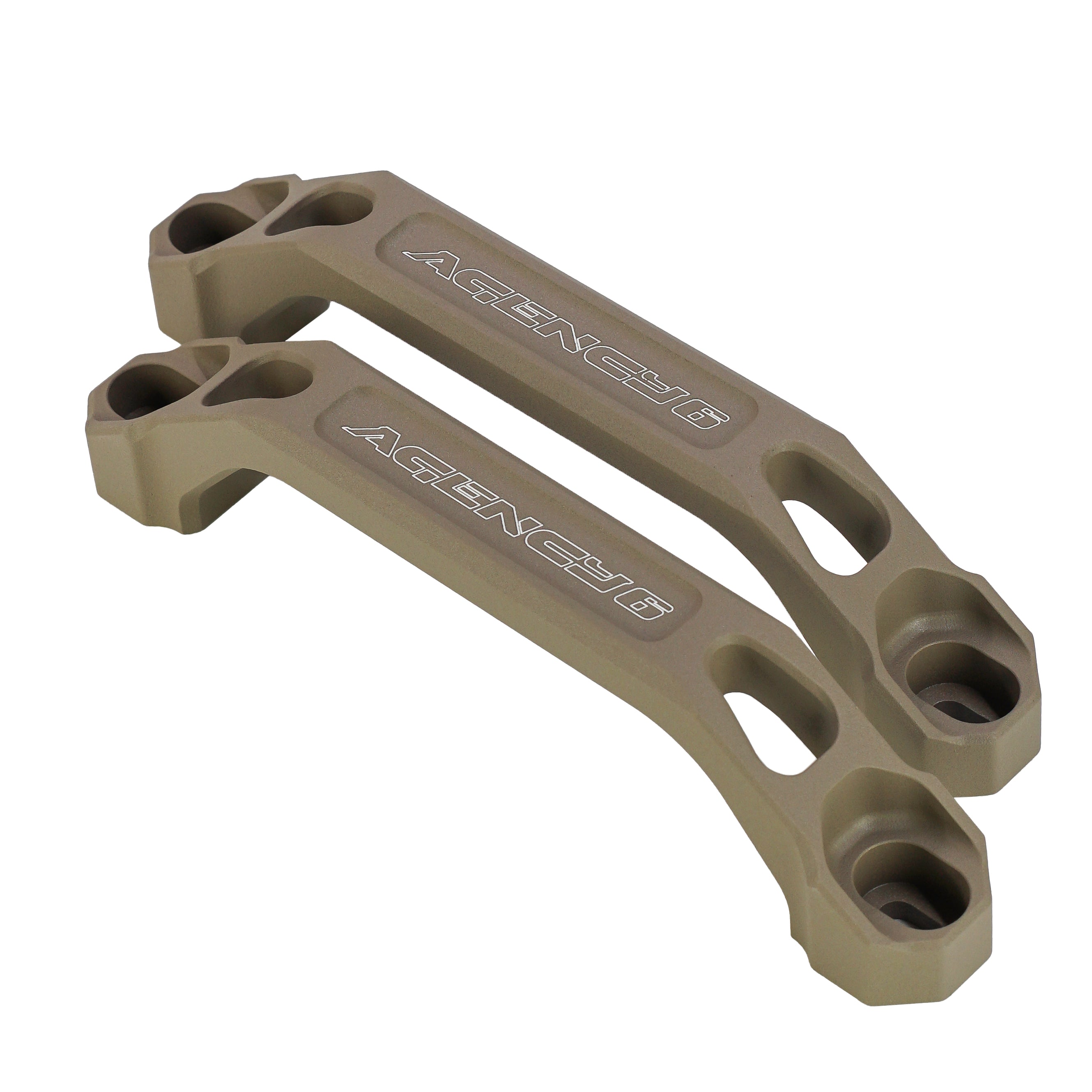 Pair of tan aluminum off-road grab handles for vehicle interior, overlanding accessory