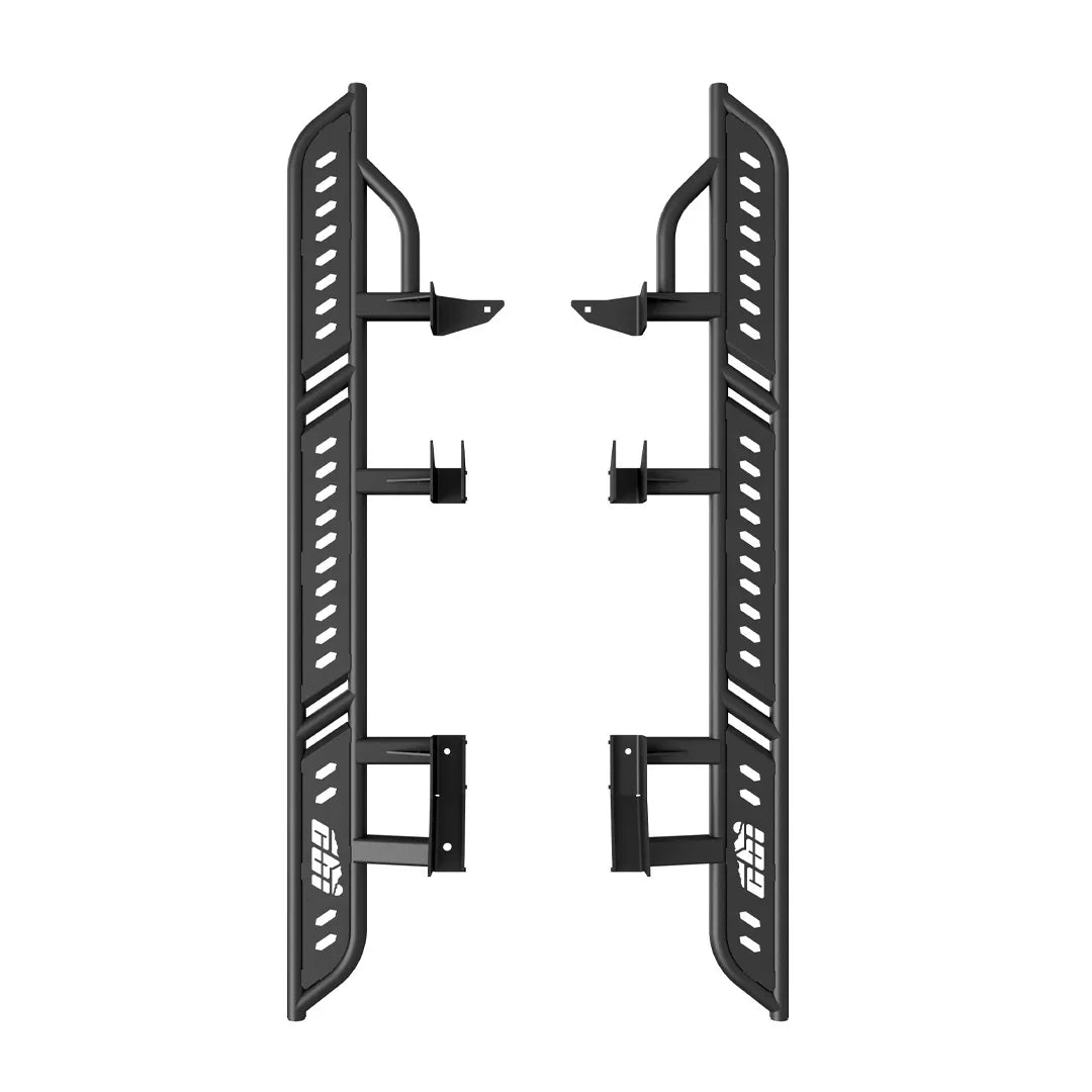 Heavy duty black steel rock sliders for Nissan Frontier off-road truck, side profile view