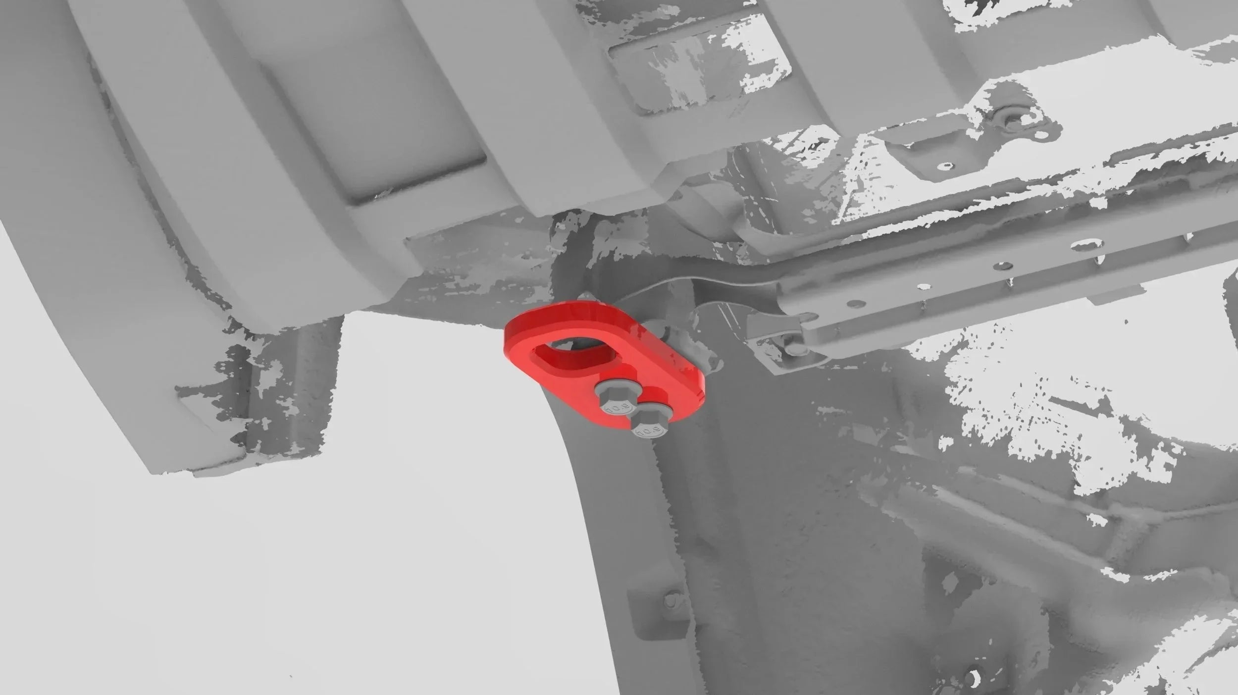 Red recovery point mount installed on vehicle undercarriage for off-road overlanding