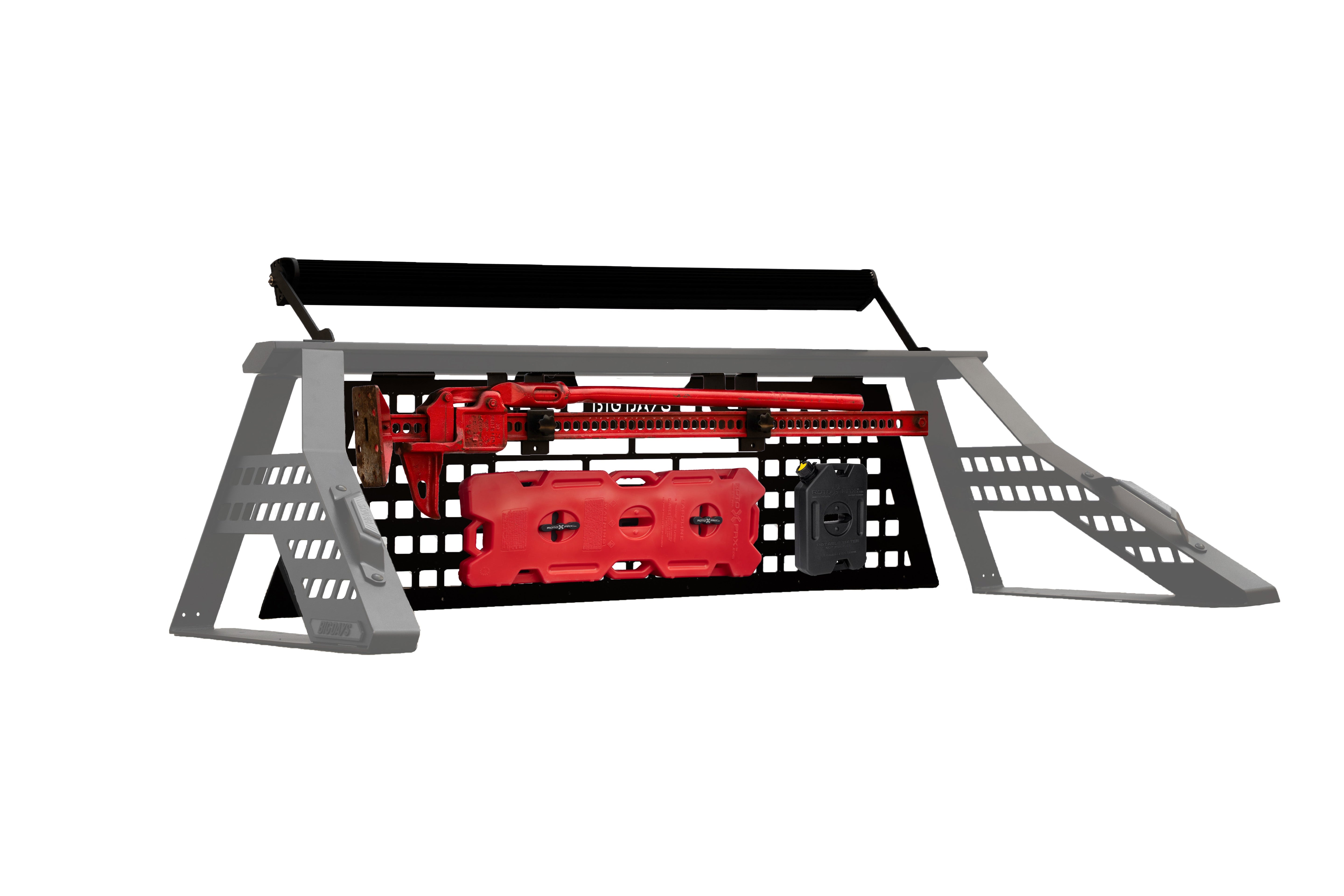 Big Days Chase Rack Pro Build Off-Road with headache rack, RotopaX cans, light bar, and Hi-Lift mount on a truck bed