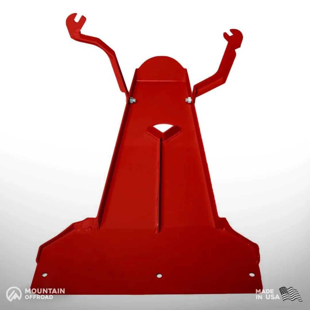 Red steel oil pan transmission skid plate for Jeep Gladiator JT 2020, isolated on white