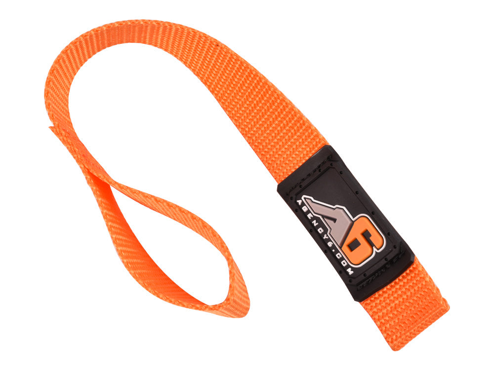 Orange nylon recovery strap with reinforced loop and off-road accessory label for overlanding