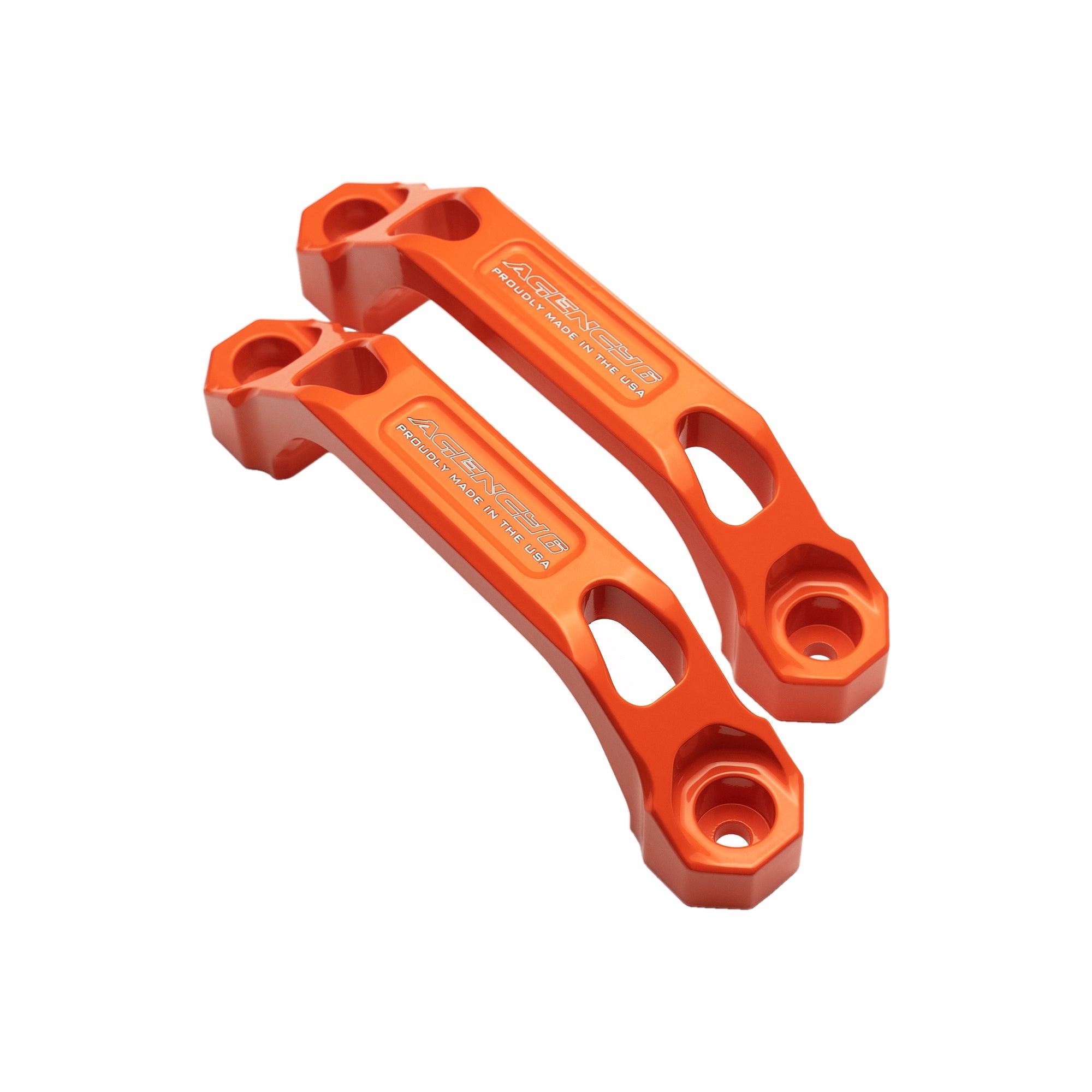 Pair of orange aluminum grab handles for off-road vehicles or overlanding trucks