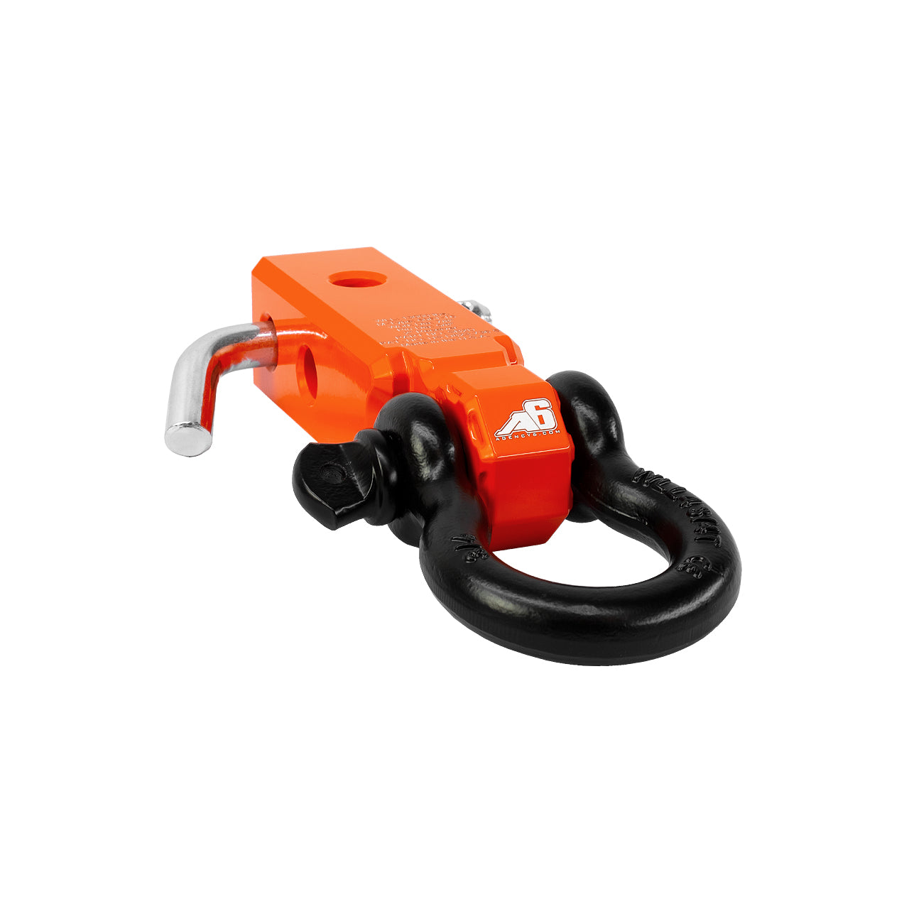 Orange heavy-duty recovery shackle block for off-road vehicle towing and winching