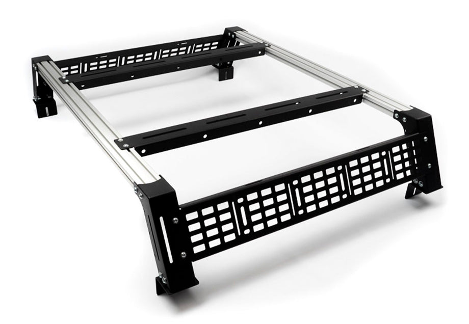 Heavy-duty overland bed rack for trucks, black metal with modular mounting panels