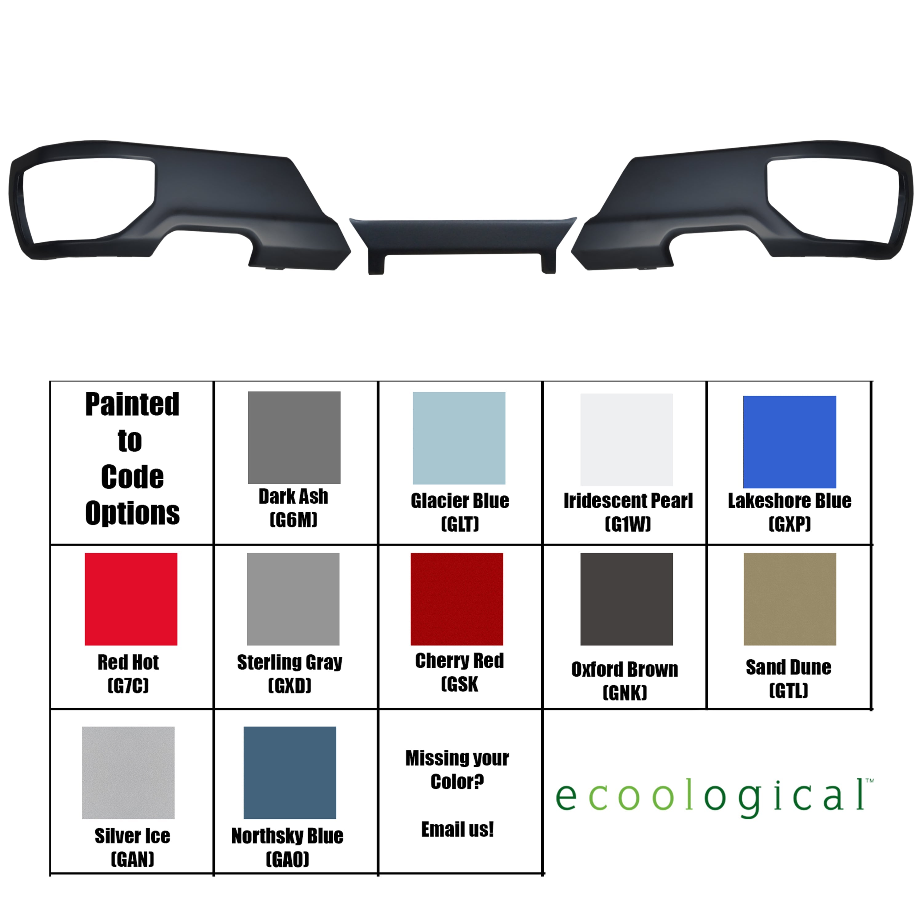 Assortment of colors that are offered for the product including dark ash, rd hot, lakeshore blue and many other OEM colors that can be painted in-house