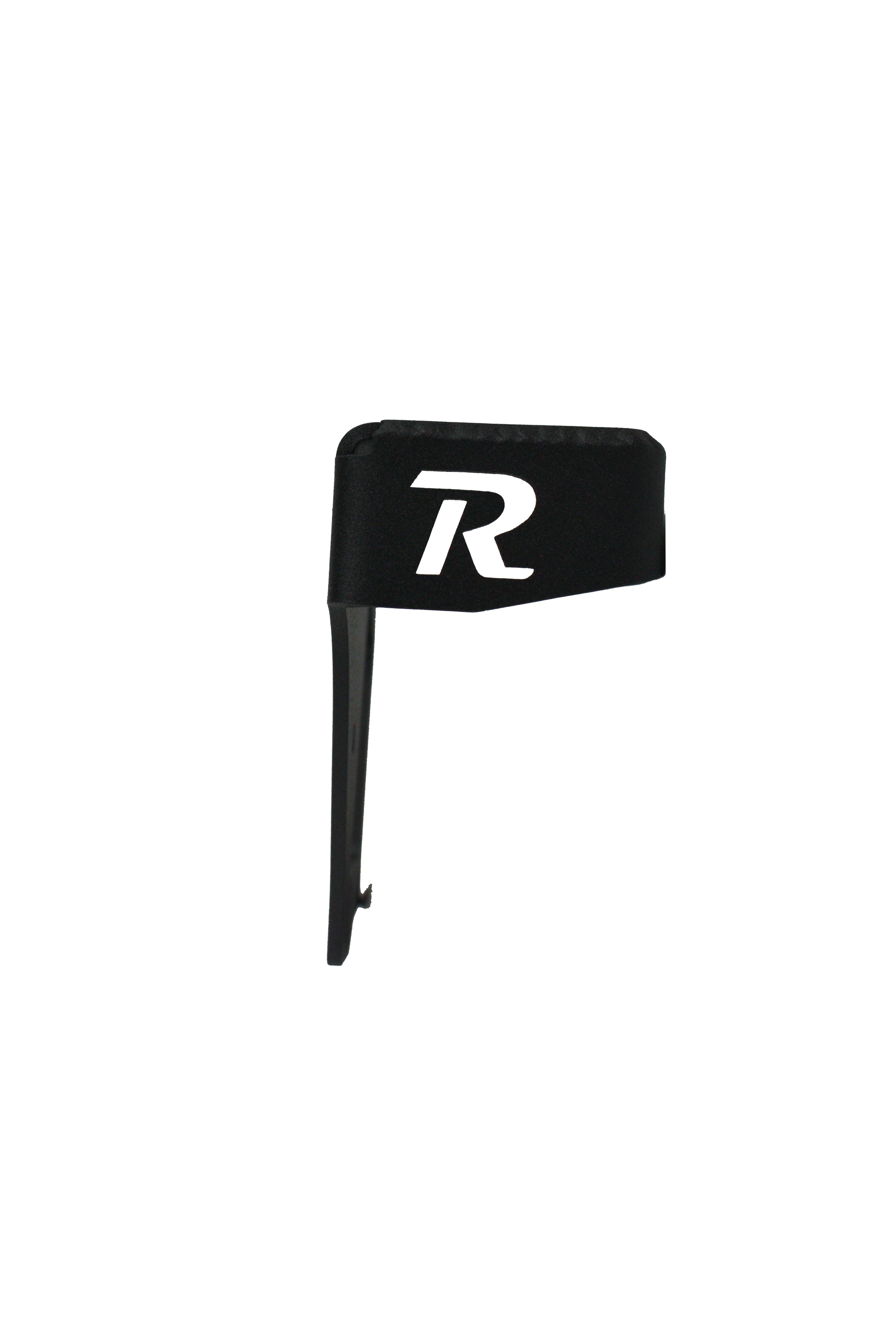 Matte black metal automotive bracket with cutout R, vehicle accessory part