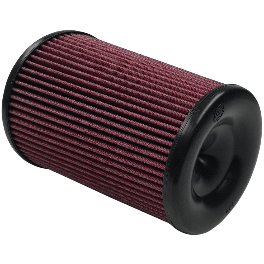Red S&B S&B Intake Replacement Filter with black top and bottom on a transparent background