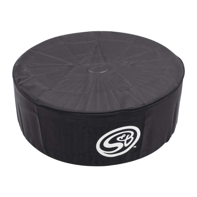 A black 14 inch round filter wrap with high flow top, featuring the S&B logo on the side.