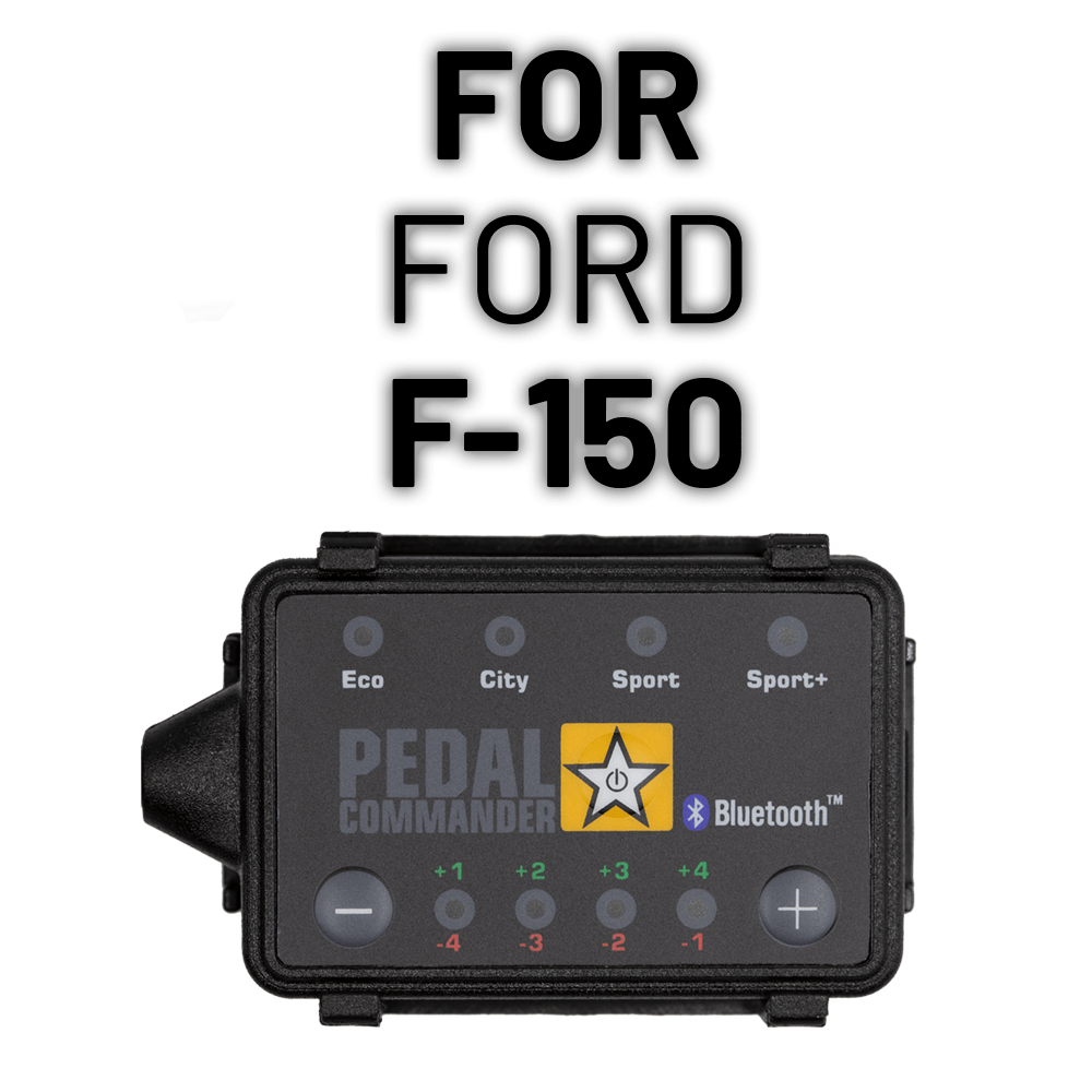 Pedal Commander throttle response controller for Ford F-150, showing mode buttons and display.