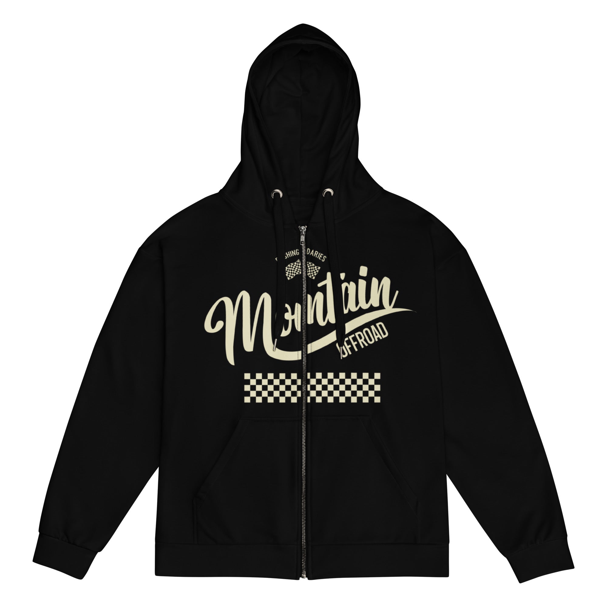 Black zip-up hoodie with 'Mountain Offroad' text, checkered stripe, and drawstring hood