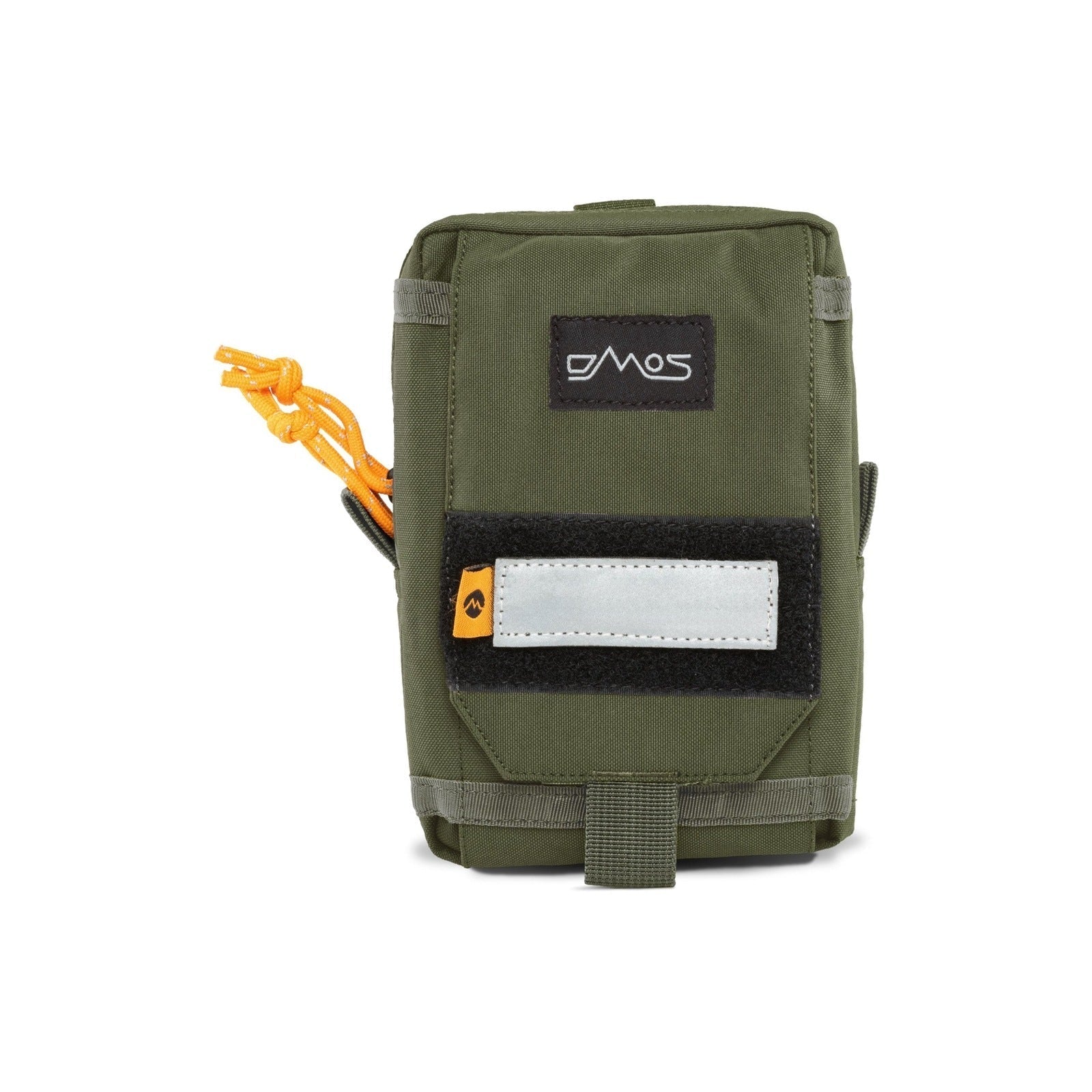 Olive green overland utility pouch with black patch, front reflective strip, yellow cord