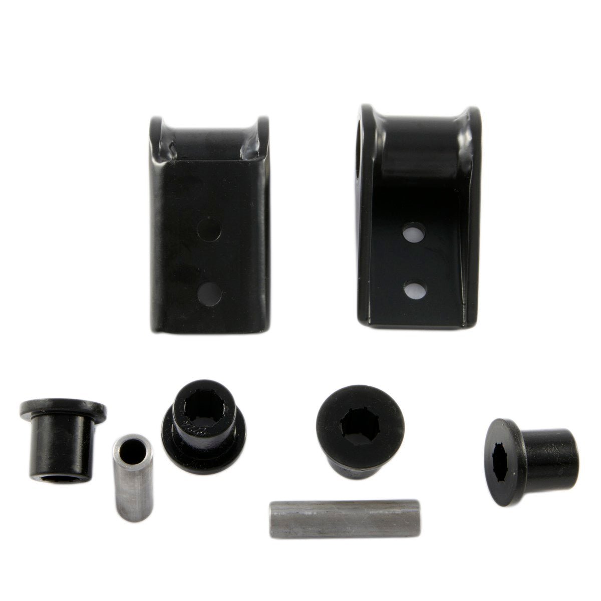 Rear shackle hanger system with YJ bushings for Jeep CJ 1976-86, shown with hardware