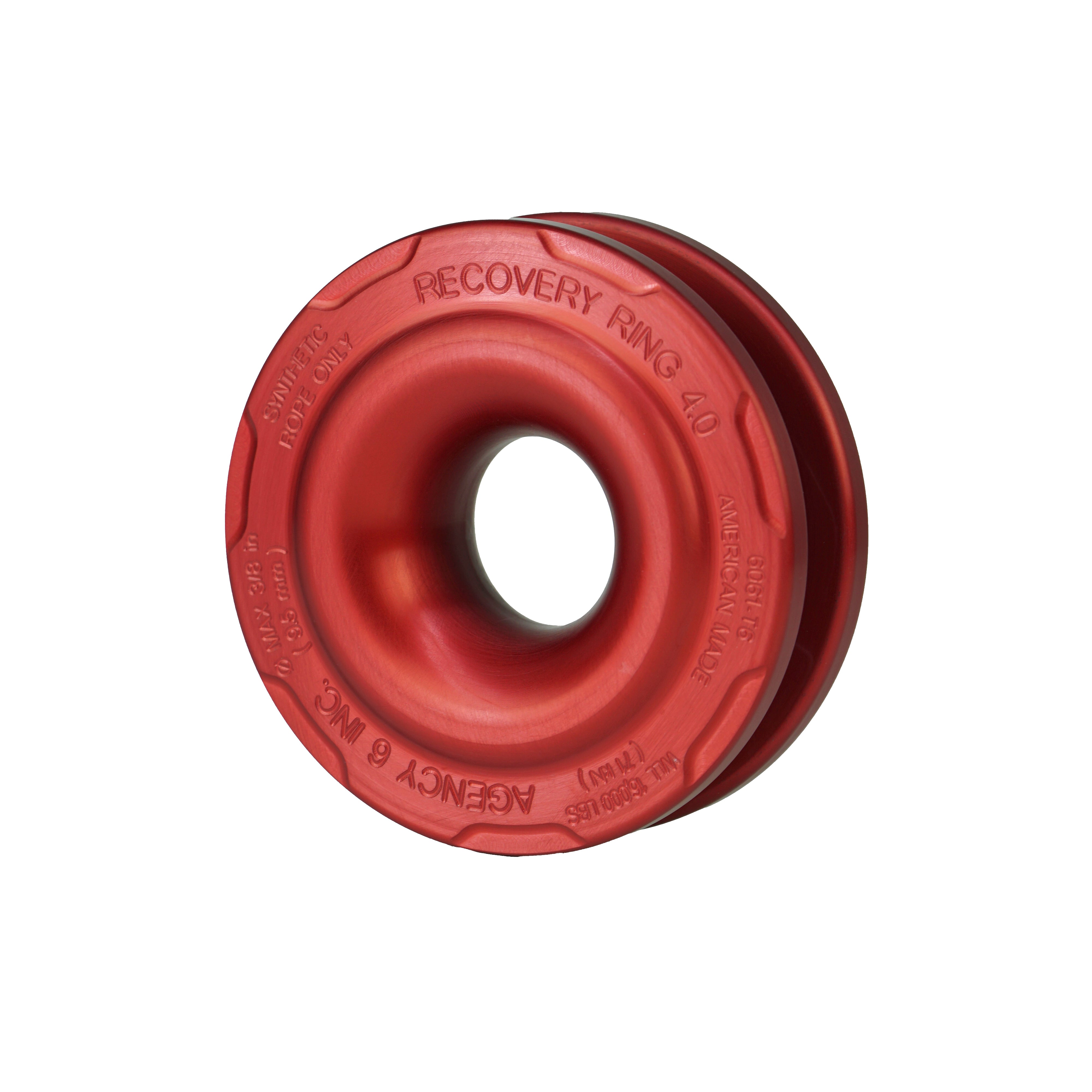 Red recovery ring for overlanding vehicle winch recovery, synthetic rope compatible