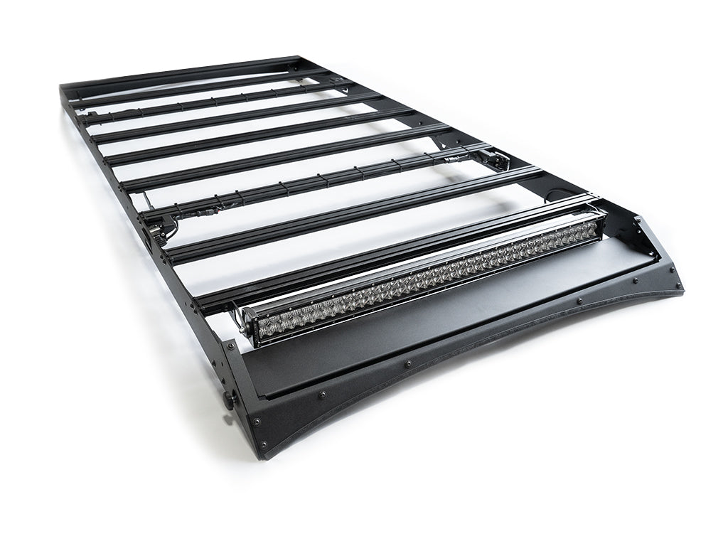 Heavy-duty roof rack with integrated LED light bar for Toyota 4Runner, overlanding gear
