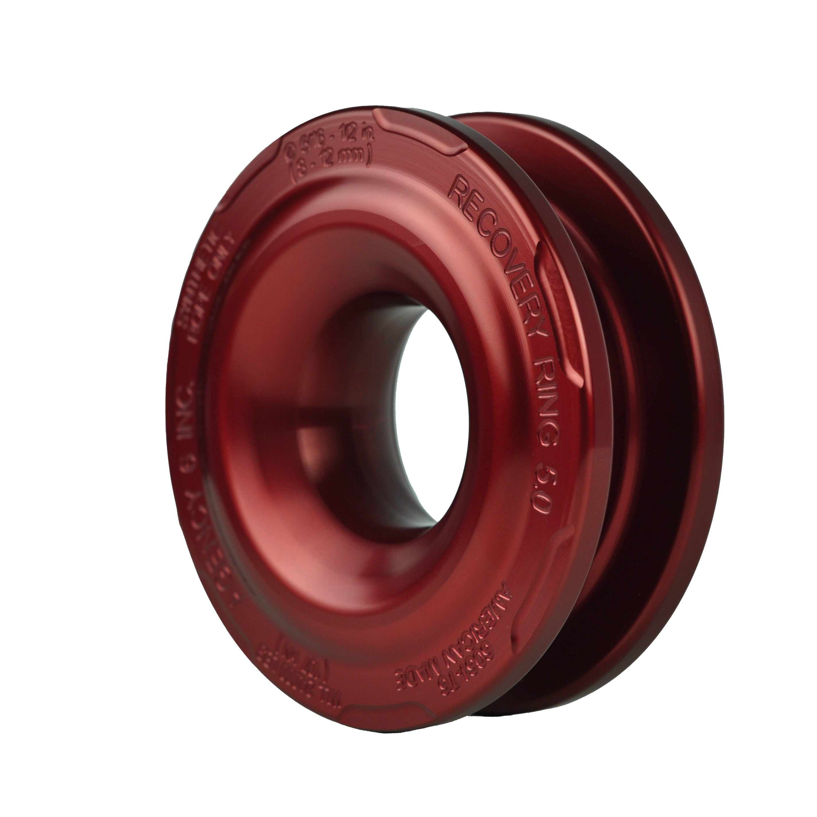 Red aluminum recovery ring for off-road vehicle winch and recovery gear