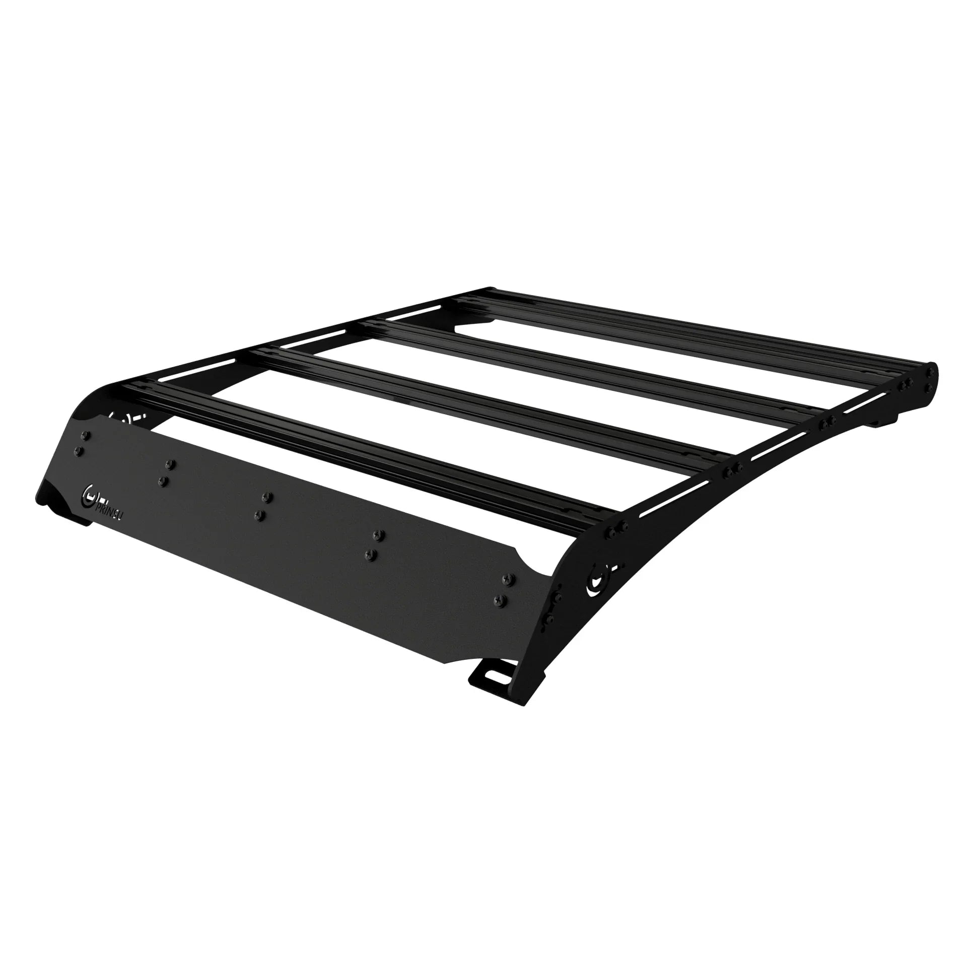 Black metal roof rack for off-road vehicle, angled front view, isolated on white