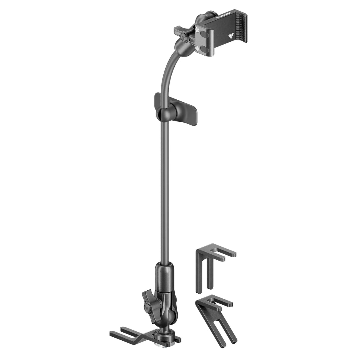 Tackform seat rail floor bolt phone mount with rigid flex arm for universal fit