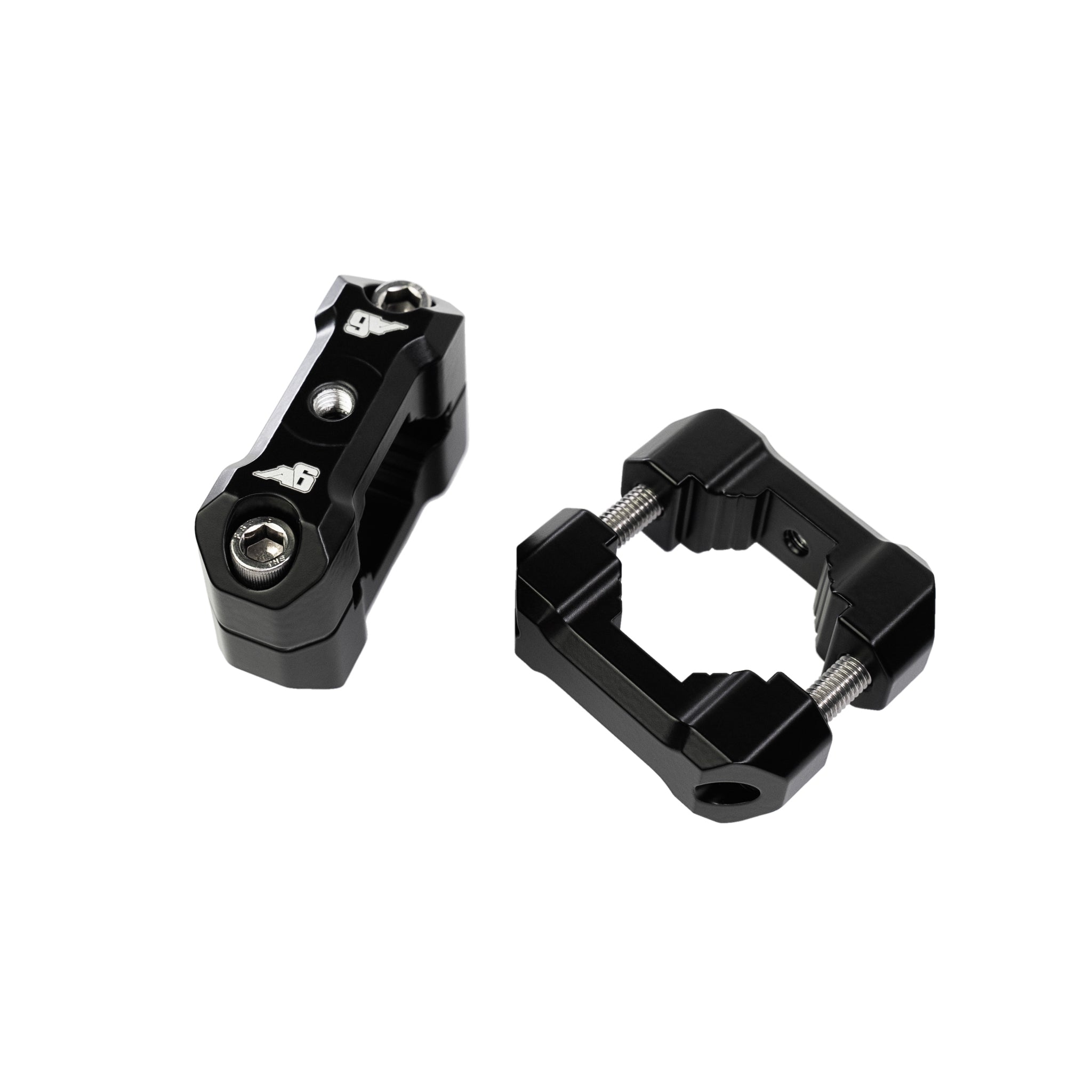 Black aluminum mounting brackets for off-road vehicle accessories, isolated on white background