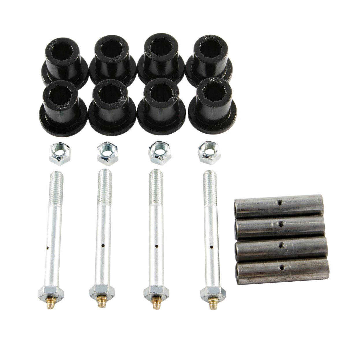 Shackle bolts and bushing kit for Jeep Wrangler YJ 1987-1995, includes bolts, bushings, sleeves, and nuts