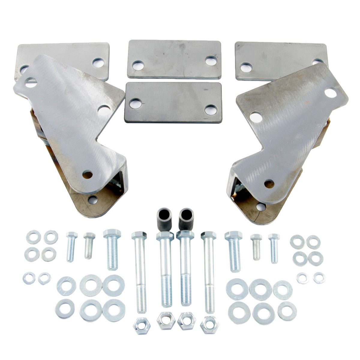 Shackle reversal bracket kit for Jeep CJ 1976-86 with plates, bolts, washers, and nuts