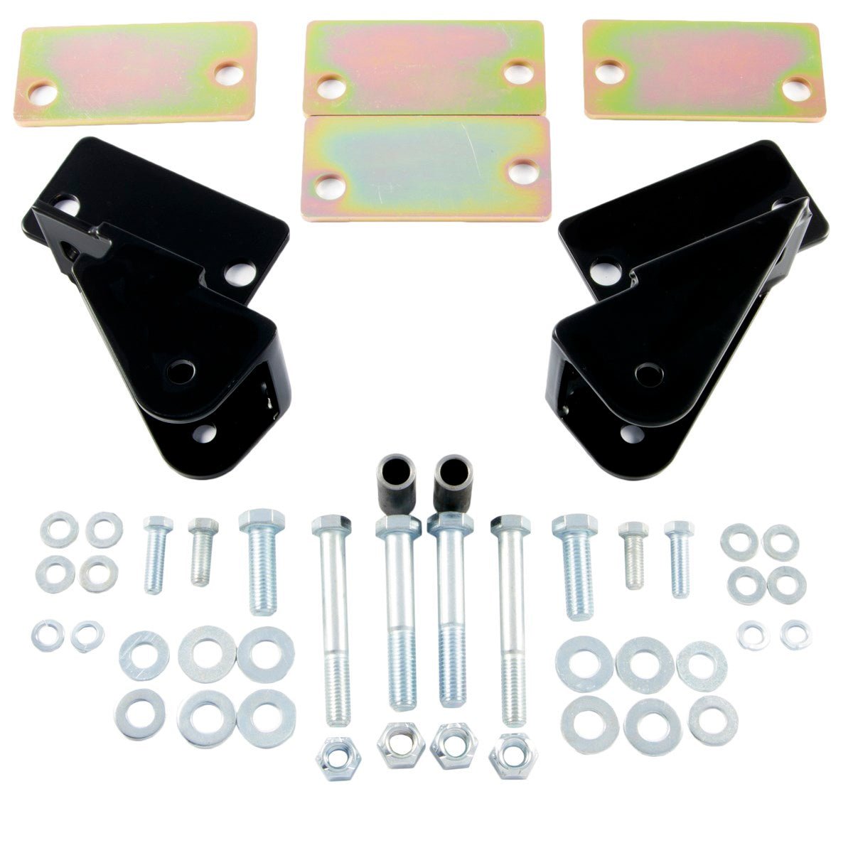 Shackle reversal brackets kit for Jeep CJ 1976-1986 with mounting plates, bolts, and washers
