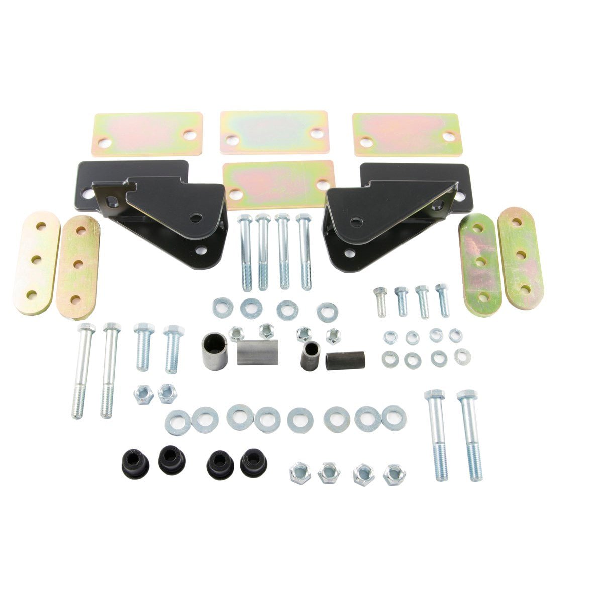 Shackle reversal system kit for Jeep CJ 1976-86 with brackets, bolts, and hardware.