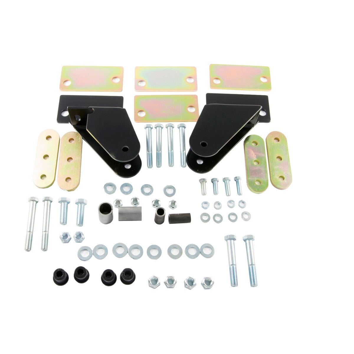 Jeep CJ shackle reversal system kit with brackets, bolts, and hardware for 1976-86 models