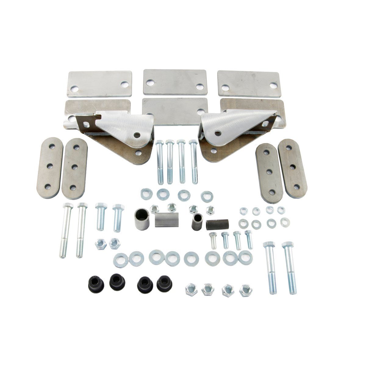Shackle reversal system kit for Jeep CJ 1976-86 with metal brackets, bolts, and bushings