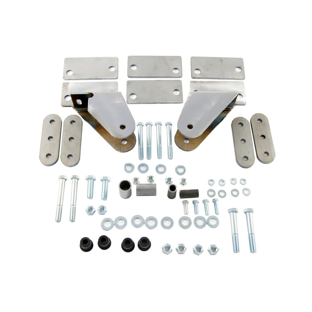 Shackle reversal system kit with steel brackets, bolts, and hardware for Jeep CJ 1976-86.