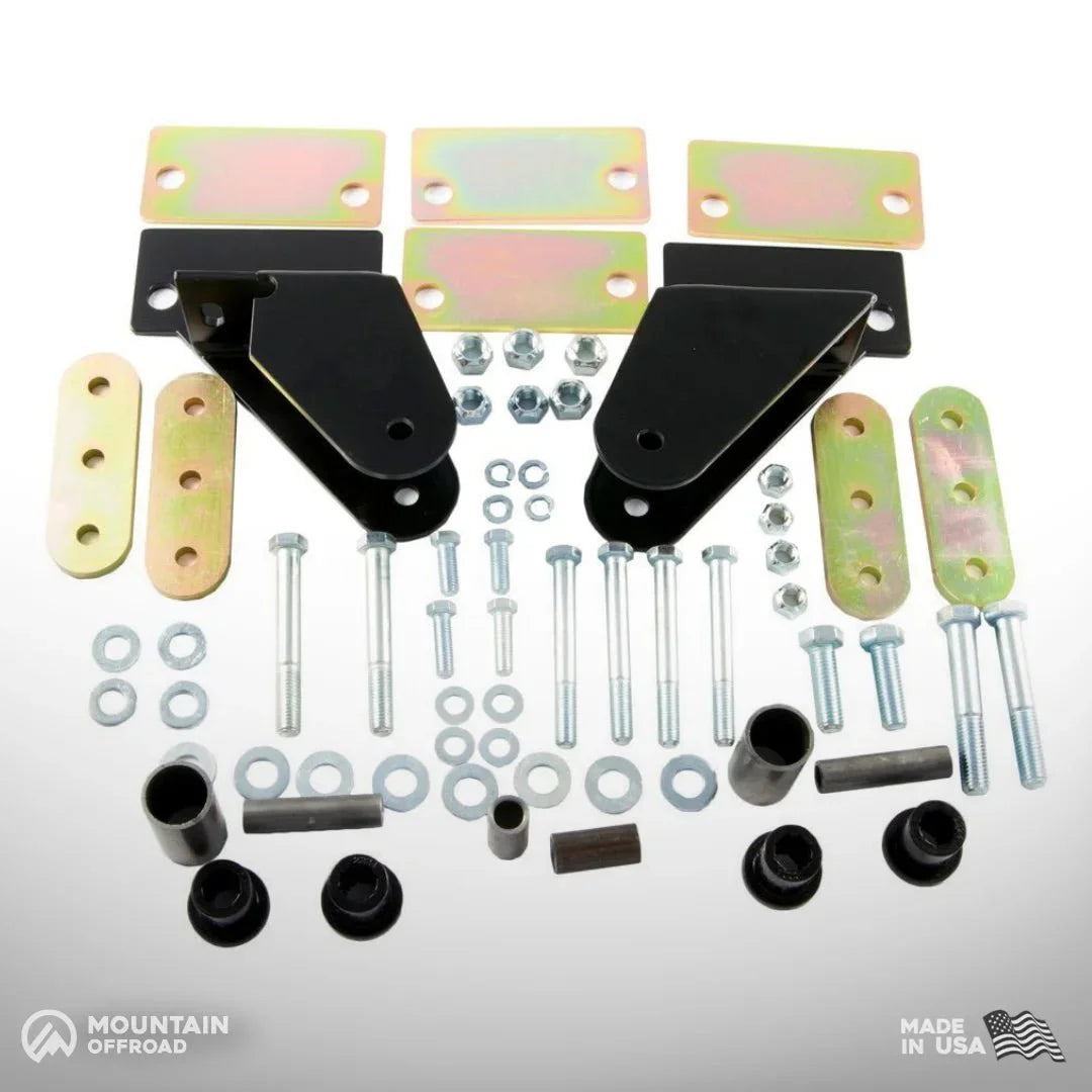 Shackle reversal system kit with brackets, bolts, and hardware for Jeep CJ 1976-1986.