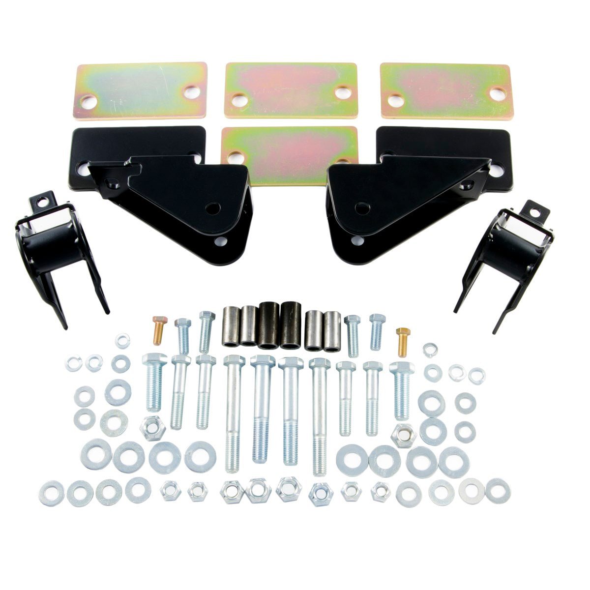 Shackle reversal system kit with bolt-on brackets, bolts, washers, and bushings for Jeep CJ